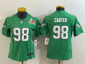 Women\'s Philadelphia Eagles #98 Jalen Carter Green 2025 Super Bowl LIX Patch F.U.S.E. Throwback Vapor Untouchable Limited Stitched Football Jersey(Run Small)