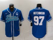 Cheap Men's Detroit Lions #97 Aidan Hutchinson Blue With 90th Anniversary Patch Cool Base Stitched Baseball Jersey