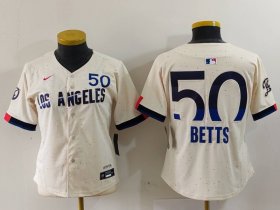 Cheap Women\'s Los Angeles Dodgers #50 Mookie Betts Cream 2024 City Connect Limited Jersey