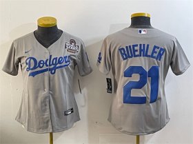 Cheap Women\'s Los Angeles Dodgers #21 Walker Buehler Grey 2024 World Series Cool Base Stitched Baseball Jersey(Run Small)