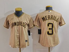 Cheap Women\'s San Diego Padres #3 Jackson Merrill Tan NEW 2023 Cool Base Stitched Jersey