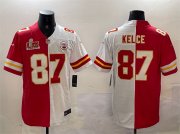 Men's Kansas City Chiefs #87 Travis Kelce Red & White Split 2025 Super Bowl LIX Patch Vapor Limited Stitched Football Jersey