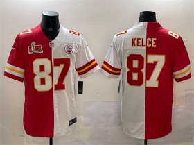 Men\'s Kansas City Chiefs #87 Travis Kelce Red & White Split 2025 Super Bowl LIX Patch Vapor Limited Stitched Football Jersey