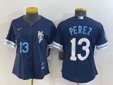 Wholesale Cheap Women's Kansas City Royals #13 Salvador Perez Number 2022 Navy Blue City Connect Cool Base Stitched Jersey