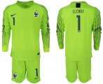 Wholesale Cheap France #1 Lloris Shiny Green Goalkeeper Long Sleeves Soccer Country Jersey