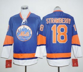 Wholesale Cheap Mets #18 Darryl Strawberry Blue Long Sleeve Stitched MLB Jersey