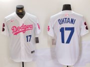 Cheap Men's Los Angeles Dodgers #17 Shohei Ohtani White Pink Vin & Kobe Patch Stitched Baseball Jersey1