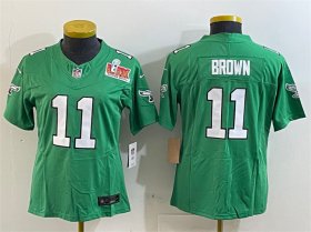 Women\'s Philadelphia Eagles #11 A. J. Brown Green 2025 Super Bowl LIX Patch F.U.S.E. Throwback Vapor Untouchable Limited Stitched Football Jersey(Run Small)