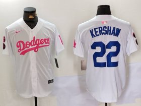 Cheap Men\'s Los Angeles Dodgers #22 Clayton Kershaw White Pink Vin & Kobe Patch Stitched Baseball Jersey