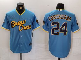 Men\'s Milwaukee Brewers #24 William Contreras Blue 2022 City Connect Cool Base Stitched Jersey