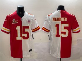 Men\'s Kansas City Chiefs #15 Patrick Mahomes Red & White Split 2025 Super Bowl LIX Patch Vapor Limited Stitched Football Jersey