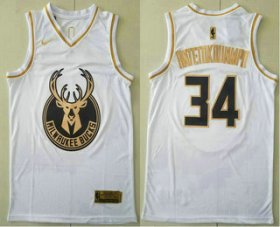 Wholesale Cheap Men\'s Milwaukee Bucks #34 Giannis Antetokounmpo White Golden Nike Swingman Stitched NBA Jersey