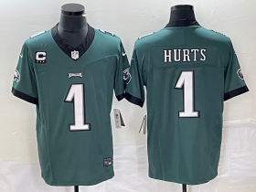 Wholesale Cheap Men\'s Philadelphia Eagles #1 Jalen Hurts Green C Patch 2023 FUSE Vapor Untouchable Stitched Jersey