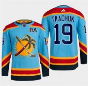 Cheap Men's Florida Panthers #19 Matthew Tkachuk Blue 2024 Stanley Cup Final Patch Reverse Retro Stitched Jersey