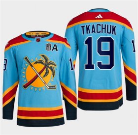 Cheap Men\'s Florida Panthers #19 Matthew Tkachuk Blue 2024 Stanley Cup Final Patch Reverse Retro Stitched Jersey