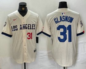 Wholesale Cheap Men\'s Los Angeles Dodgers #31 Tyler Glasnow Number Cream Blue 2024 City Connect Limited Stitched Jersey