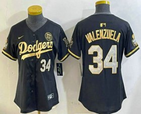 Cheap Women\'s Los Angeles Dodgers #34 Fernando Valenzuela Black Gold 2024 World Series 34 Patch Stitched Cool Base Jersey