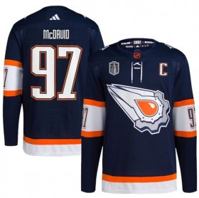 Cheap Men\'s Edmonton Oilers #97 Connor McDavid Navy 2024 Stanley Cup Final Patch Reverse Retro Stitched Jersey