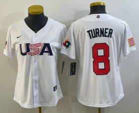 Cheap Women\'s USA Baseball #8 Trea Turner 2023 White World Classic Stitched Jerseys