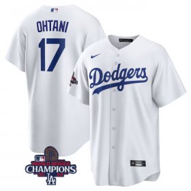 Cheap Men\'s Los Angeles Dodgers #17 Shohei Ohtani White 2024 World Series Champions Cool Base Stitched Baseball Jersey