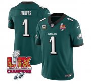 Cheap Men's Philadelphia Eagles #1 Jalen Hurts Green 2025 Eagles Logo Super Bowl LIX Patch With 4-Star C Patch New F.U.S.E. Vapor Untouchable Limited Football Stitched Jersey