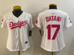 Cheap Women\'s Los Angeles Dodgers #17 Shohei Ohtani Number White Pink Limited Cool Base Stitched Jerseys