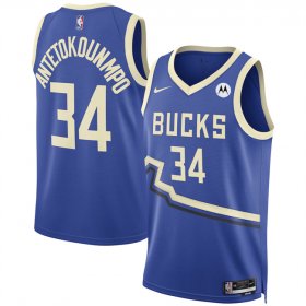 Cheap Men\'s Milwaukee Bucks #34 Giannis Antetokounmpo Royal 2024-25 City Edition Stitched Basketball Jersey