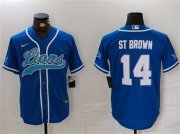 Cheap Men's Detroit Lions #14 Amon-Ra St. Brown Blue Cool Base Stitched Baseball Jersey