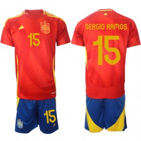 Men\'s Spain Team #15 Sergio Ramos 2024-25 Red Home Soccer Jersey Suit