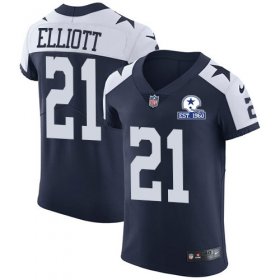 Wholesale Cheap Nike Cowboys #21 Ezekiel Elliott Navy Blue Thanksgiving Men\'s Stitched With Established In 1960 Patch NFL Vapor Untouchable Throwback Elite Jersey