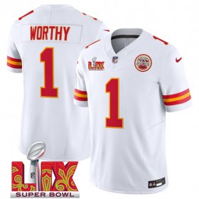 Men\'s Kansas City Chiefs #1 Xavier Worthy White 2025 Super Bowl LIX Patch F.U.S.E. Vapor Limited Stitched Football Jersey