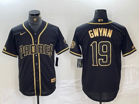 Cheap Men\'s San Diego Padres #19 Tony Gwynn Black Gold Cool Base Jersey