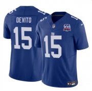 Cheap Men's New York Giants #15 Tommy DeVito Blue 2024 F.U.S.E. 100TH Season Patch Vapor Untouchable Limited Stitched Jersey