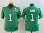 Youth Philadelphia Eagles #1 Jalen Hurts Green 2025 Super Bowl LIX Patch F.U.S.E. Throwback Vapor Untouchable Limited Stitched Football Jersey