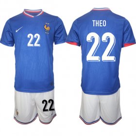 Cheap Men\'s France #22 Theo Blue 2024-25 Home Soccer Jersey Suit