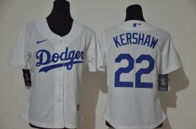 Wholesale Cheap Women\'s Los Angeles Dodgers #22 Clayton Kershaw White Women 2020 Nike Cool Base Jersey