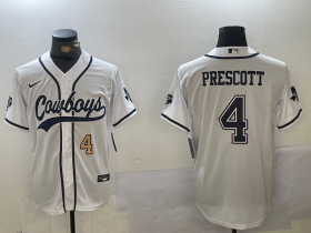 Men\'s Dallas Cowboys #4 Dak Prescott White With Navy Name Cool Base Stitched Baseball Jerseys