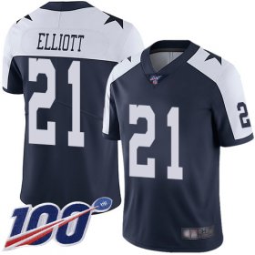 Wholesale Cheap Nike Cowboys #21 Ezekiel Elliott Navy Blue Thanksgiving Men\'s Stitched NFL 100th Season Vapor Throwback Limited Jersey