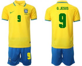 Cheap Men\'s Brazil #9 G. Jesus Yellow Home Soccer Jersey Suit