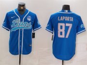 Cheap Men's Detroit Lions #87 Sam LaPorta Blue With 90th Anniversary Patch Cool Base Stitched Baseball Jersey