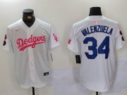 Cheap Men's Los Angeles Dodgers #34 Fernando Valenzuela White Pink Vin & Kobe Patch Stitched Baseball Jersey