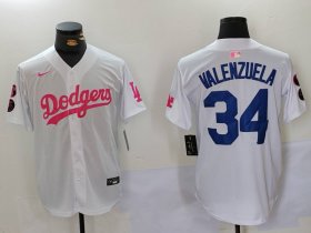 Cheap Men\'s Los Angeles Dodgers #34 Fernando Valenzuela White Pink Vin & Kobe Patch Stitched Baseball Jersey