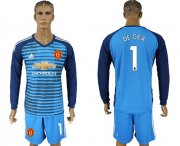 Wholesale Cheap Manchester United #1 De Gea Blue Long Sleeves Soccer Club Jersey