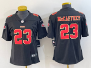 Cheap Women's San Francisco 49ers #23 Christian McCaffrey Black Red Fashion Vapor Limited Stitched Jersey