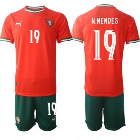 Cheap Men\'s Portugal Team #19 Nuno Mendes 2025 Red Home Soccer Jersey Suit