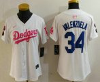 Cheap Women's Los Angeles Dodgers #34 Toro Valenzuela White Pink With Patch Limited Stitched Jersey