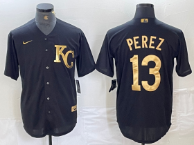 Cheap Men\'s Kansas City Royals #13 Salvador Perez Black Gold Cool Base Stitched Jersey