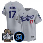 Cheap Men's Los Angeles Dodgers #17 Shohei Ohtani Grey 2024 World Series With Fernando Memorial Patch Limited Stitched Baseball Jersey