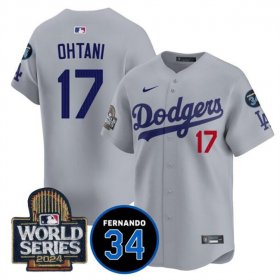 Cheap Men\'s Los Angeles Dodgers #17 Shohei Ohtani Grey 2024 World Series With Fernando Memorial Patch Limited Stitched Baseball Jersey