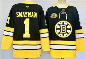 Cheap Men\'s Boston Bruins #1 Jeremy Swayman Black 100th Anniversary Stitched Hockey Jersey